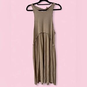 POL Taupe Crochet Trim Boho Midi Dress S | Flowy Rayon Knit Tank Dress